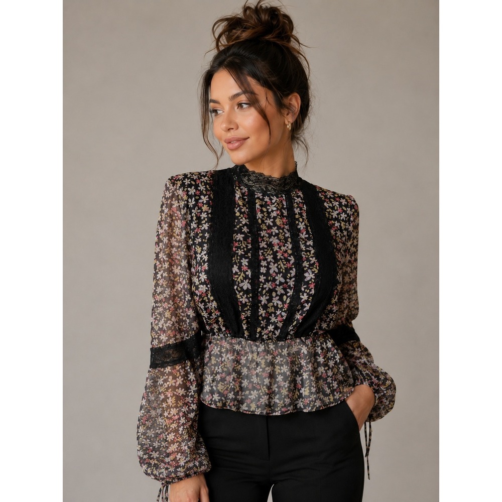 Topshop Floral Lace Trim Mock Neck Sheer Blouse Sz 10 Cottage Romantic Victorian - Picture 1 of 10